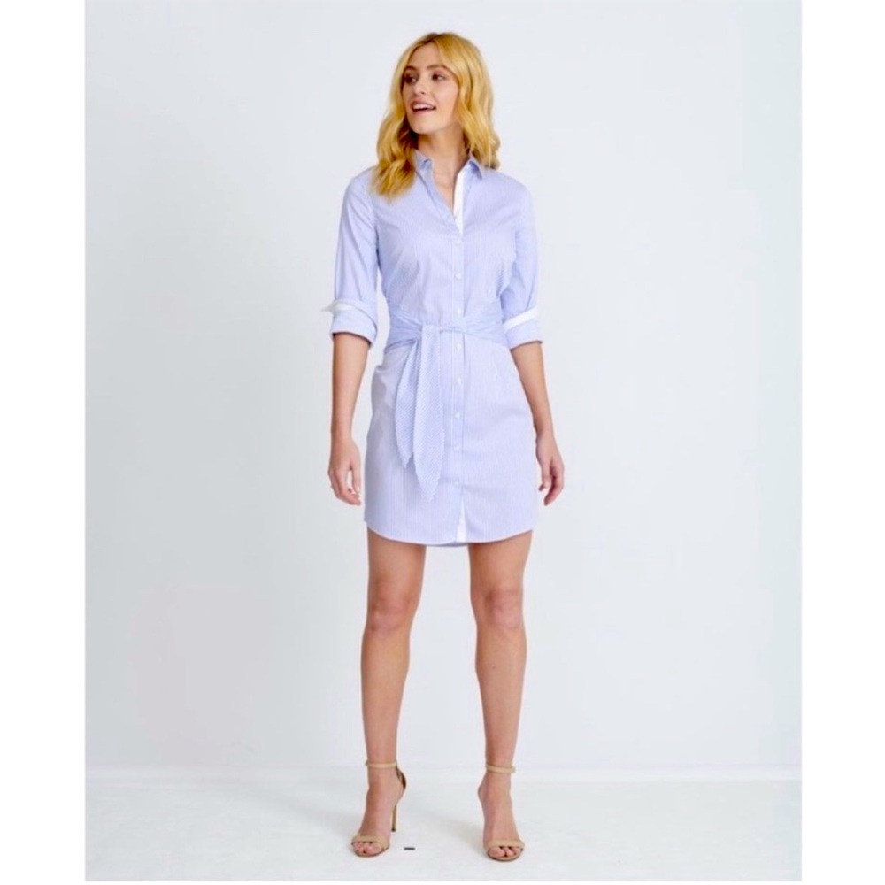 Crisp blue and white pinstriped Untucked button up dress w/ sash tie